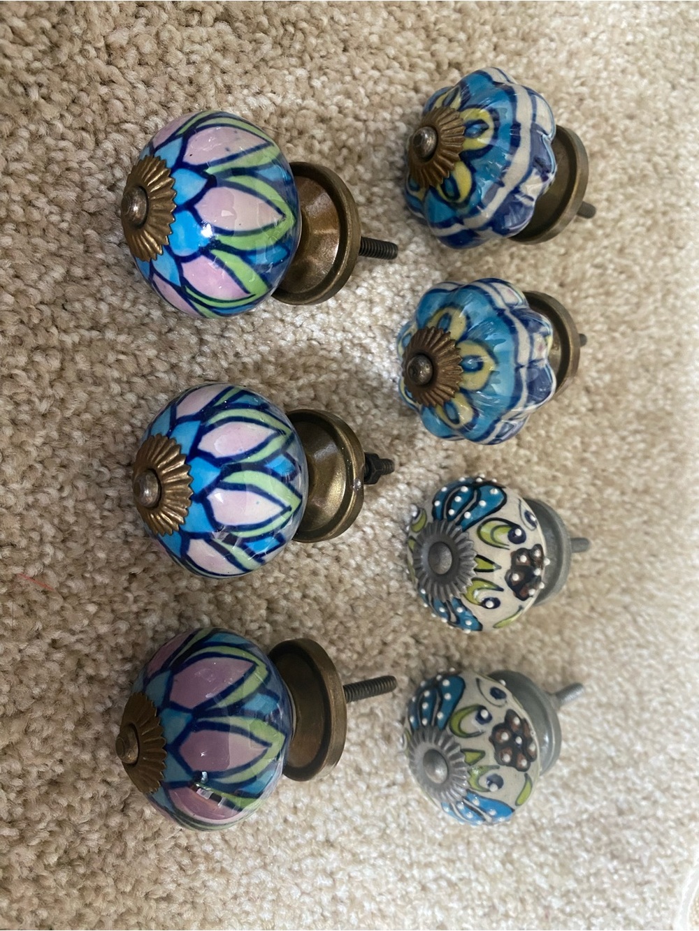 7 World Market Hand-Painted Ceramic Floral Drawer Knobs - Blue, Pink & Green